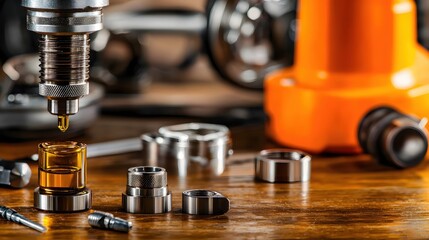 Precision Liquid Filling Process with Metal Components on Wooden Surface in Workshop Setting High Angle View