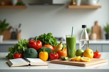 Modern kitchen counter with fresh organic vegetables, green smoothie, and sliced fruits  