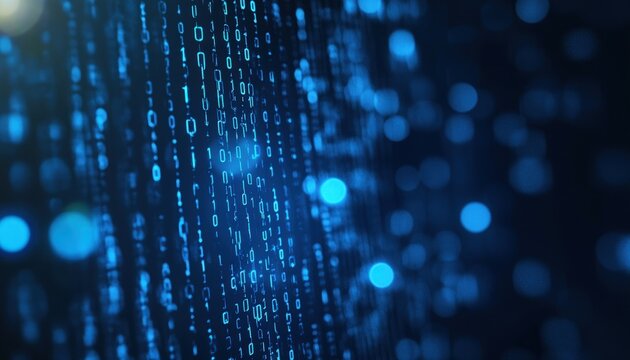Blue binary code streams down a dark virtual screen