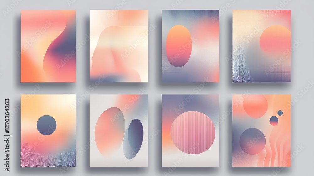 Poster abstract gradient backgrounds with circles, in a set of 8 square panels displayed on a gray surface