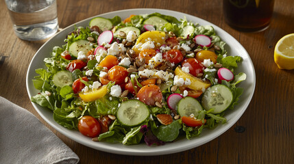 A vibrant salad with mixed greens, heirloom cherry tomatoes, cucumbers, radish slices, and crumbled feta, topped with sunflower seeds and a lemon vinaigrette. 