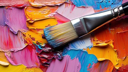 Fototapeta premium Close-up of a painter's hand holding a brush with a colorful canvas 