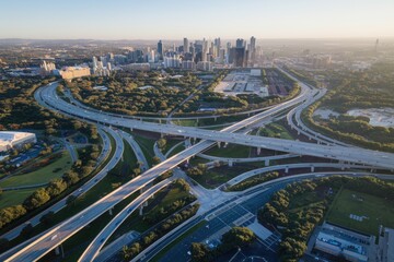 Obraz premium Elevated view captures intricate highway interchange leading to a distant cityscape during a warm, sunny morning with soft natural light and a sense of scale