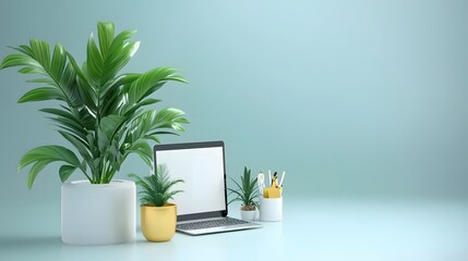 Home office setup with laptop and plants creating a serene and productive workspace scene
