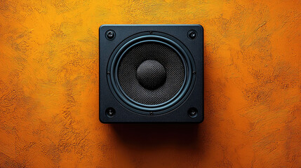 Top view of a single black square speaker on an orange textured background.