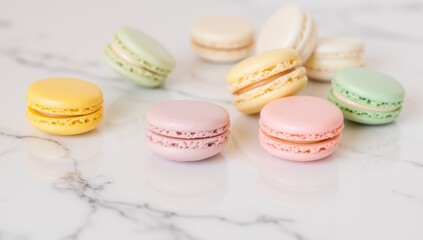 Colorful French Macarons in Pastel Shades on Marble Surface