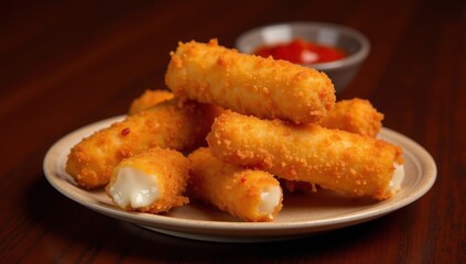 Crispy Fried Mozzarella Sticks with Marinara Sauce on Brown Background