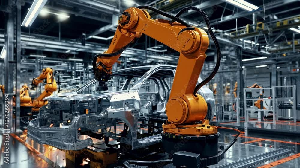 Poster high-angle shot of robotic arms assembling a car in a modern factory, showcasing automation and tech