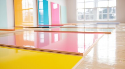 Colorful Glossy Panels on Wooden Floor