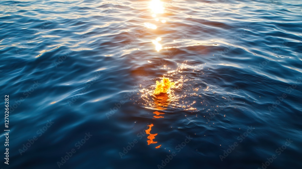 Poster serene ocean surface reflecting sunlight creating sparkling water with a vibrant orange glow in the 