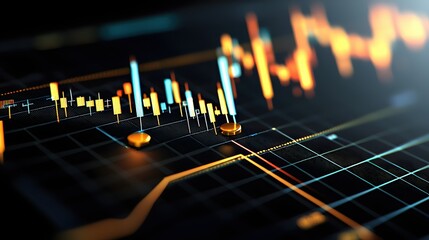 Financial market analysis with candlestick chart showing stock trading data and investment strategy on black background
