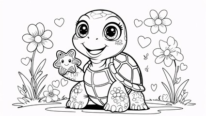 Cute Turtle Holding Starfish in Kawaii Style Surrounded by Flowers and Grass