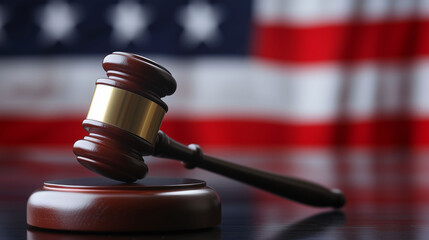 Judge’s Gavel with American Flag Blurred Background