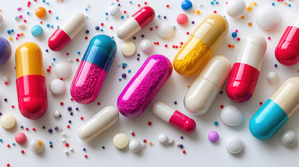 Variety of colorful pills and capsules scattered on a clean white background, health