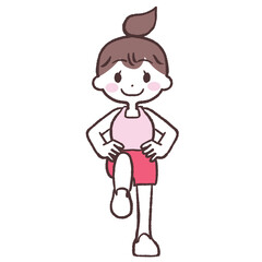 目を開け腰に手をあて片足上げする女性全身イラスト