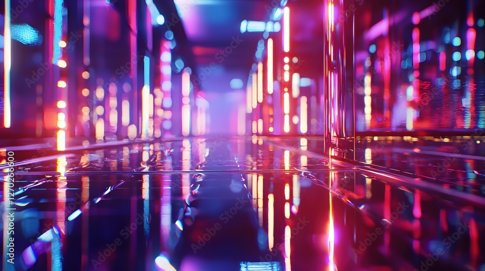 Aufkleber futuristic hallway with vibrant neon lights and reflections creating a mesmerizing abstract scene fo