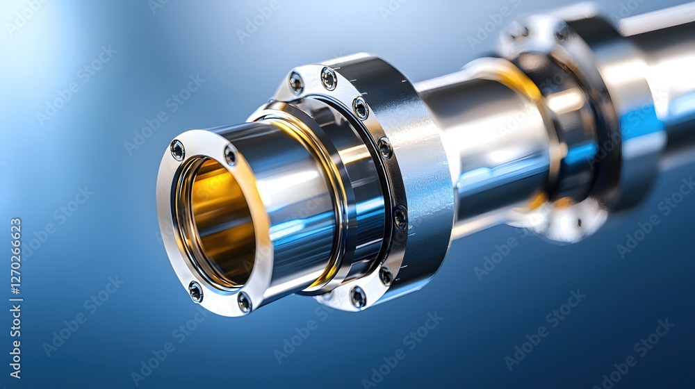 Aufkleber precision engineered metal component with chrome finish against a blue gradient background in studio