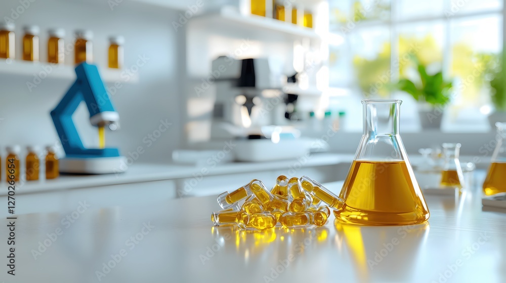 Poster laboratory exploration with golden liquid in flask and vials on table in bright modern lab for scien