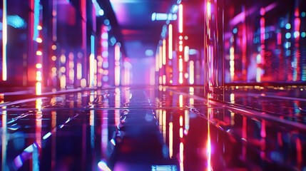 Futuristic hallway with vibrant neon lights and reflections creating a mesmerizing abstract scene for modern tech design