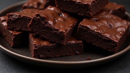 Delicious Chocolate Brownies on a Dark Textured Plate Background