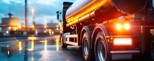Illuminated tanker truck on wet asphalt reflecting city lights at night industrial landscape