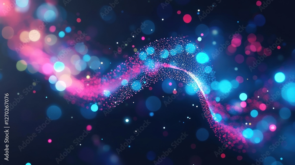 Poster glowing particle stream swirls against a dark background