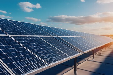 Array of Solar Panels on Rooftop Harnessing Clean Energy Under a Bright Blue Sky with Clouds
