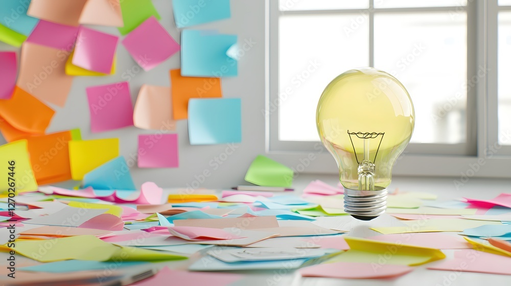 Poster light bulb on desk with colorful sticky notes idea generation and creative thinking concept