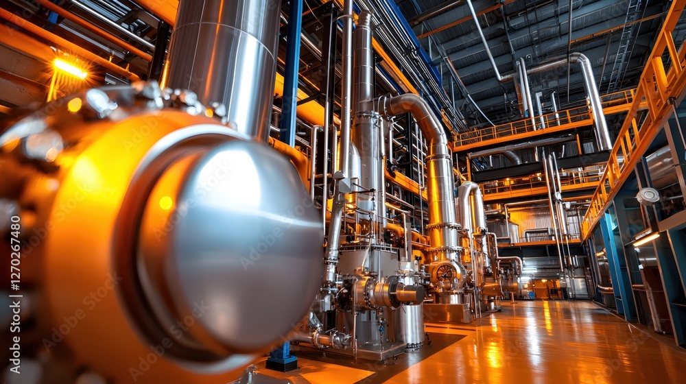 Poster industrial interior with complex pipeline system and metallic tanks in a modern factory setting show