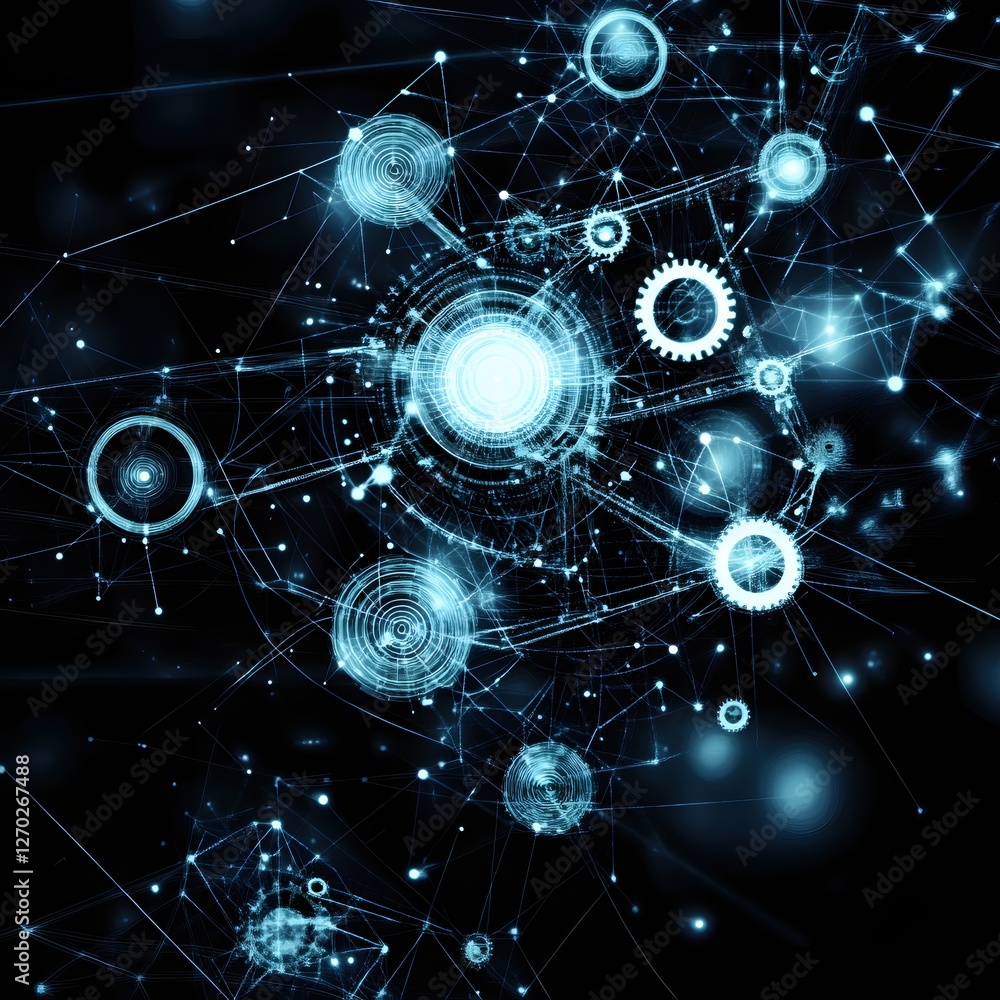 Poster network of connected gears and nodes representing technological advancement and innovation