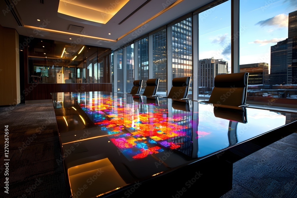 Aufkleber modern conference room with city view and reflective table surface creating abstract art