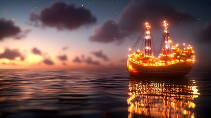 Illuminated oil rig vessel at sea during twilight with soft clouds and gentle waves reflecting lights