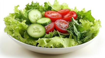 Fresh green salad with lettuce, cucumber, and tomatoes in a white bowl on a clean background