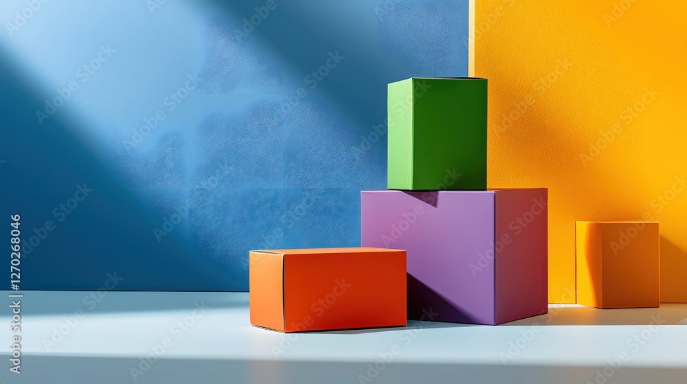 Poster colorful arrangement of boxes in vibrant hues against a textured backdrop creating a playful scene