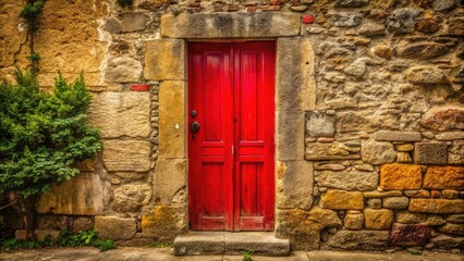 Vintage Red Door Old Wall, Rustic Doorway Photography, Antique Entrance, Grunge Texture, Red Door Background, Retro Building Facade
