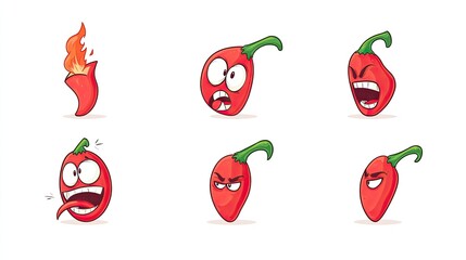 Colorful cartoon chili peppers displaying various emotions and expressions, ideal for food-related designs