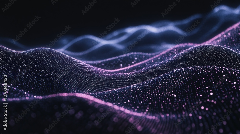 Poster abstract data landscape with glowing particles and wavy lines