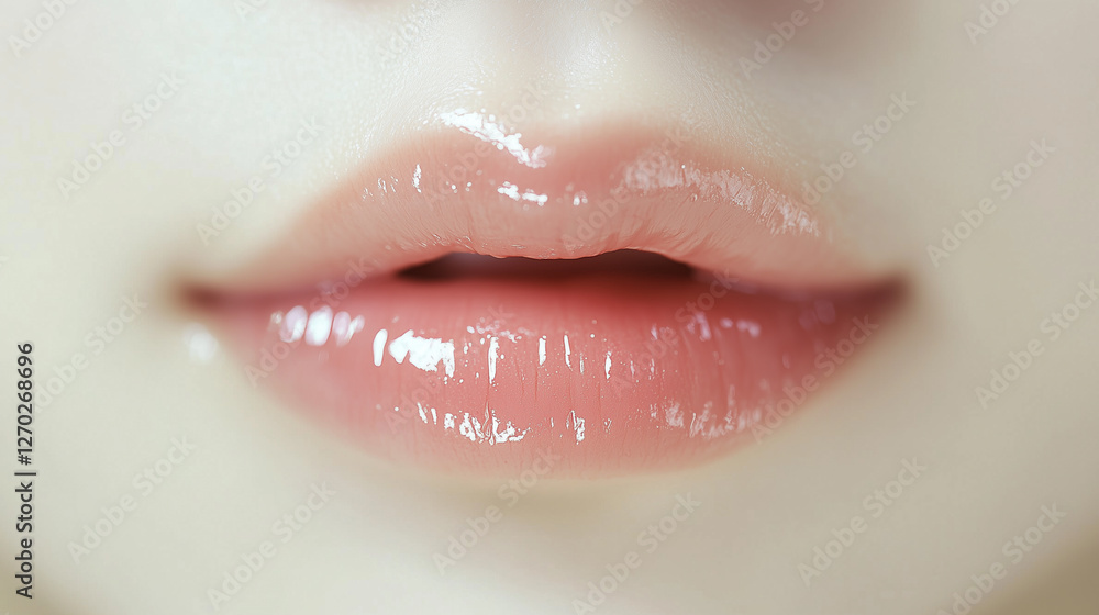 Aufkleber 潤いのある若いアジア人女性の唇の超クローズアップ。ピンク色のリップグロスを付けている可愛い口元。コスメ商品の宣伝撮影。