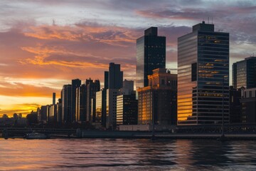 Obraz premium Modern city skyline at sunset reflecting in river, warm orange and grey tones, tranquil urban scene, architectural details, panoramic view