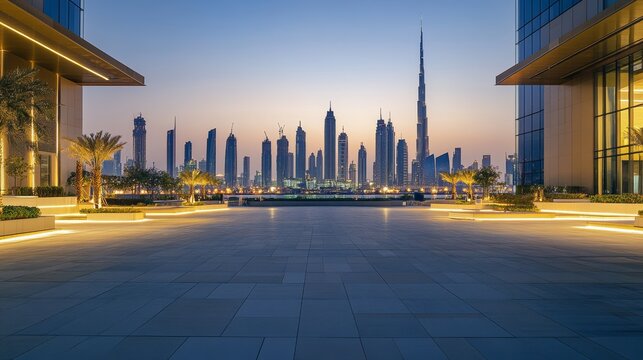A contemporary plaza with a skyline under soft twilight skies. Featuring elegance and calm
