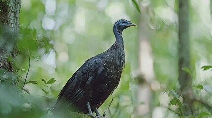 Fototapeta premium Majestic bird perched in lush green forest, surrounded by vibrant foliage and natural light