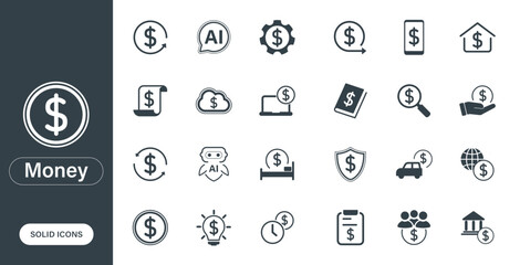 Vector icons on the theme of money, finance, banking, investment.