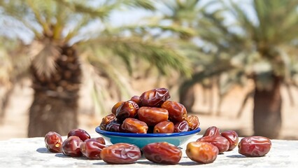 Date Fruits on a Plate with Blurred Palm Trees