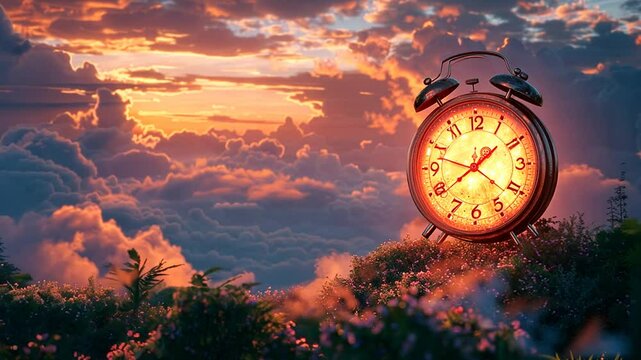 A vintage alarm clock glowing amidst colorful clouds at sunset, symbolizing the passage of time