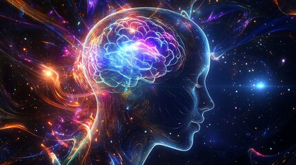 Abstract concept of human mind with cosmic energy and glowing brain