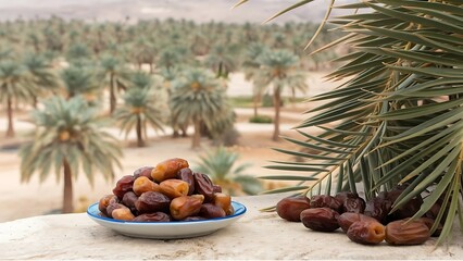 Date Fruits on a Plate with Blurred Palm Trees