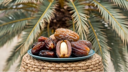 Date Fruits on a Plate with Palm Trees