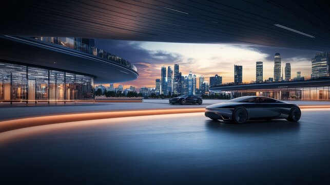 A cutting-edge automotive plaza with a futuristic city skyline at twilight. Featuring sleekness and vast space