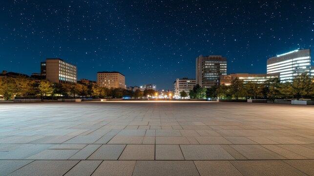 A deserted city plaza with a skyline under a starry sky. Featuring tranquility and vastness