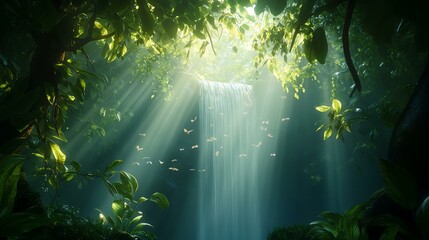 A serene waterfall cascades through lush green foliage, illuminated by soft sunlight beams.